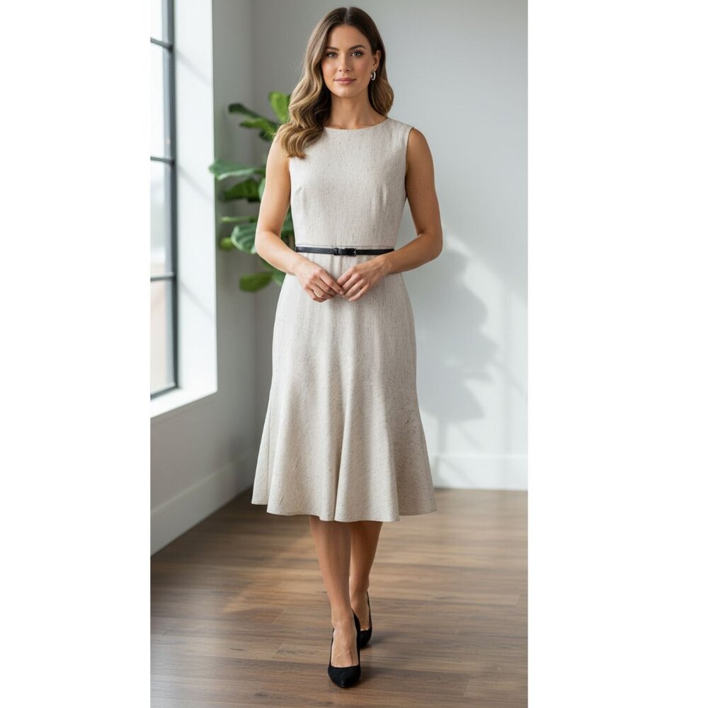 Classiques Entier Tweed-Like Sleeveless Dress, Cream, Womens Size 12